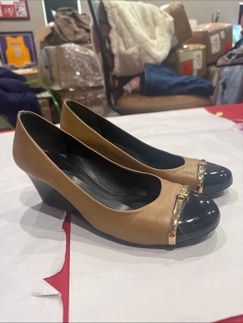 Tory Burch Two-Tone Tan Leather Wedge Pumps with Black Patent Cap